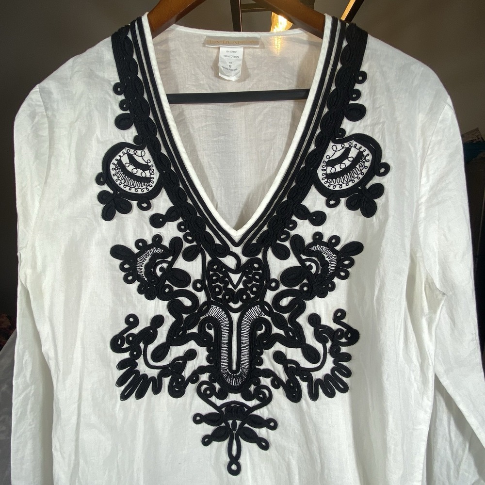 La Blanca Tunic Top Or Cover Up Resort Wear Small White Crochet Trim Island Chic - Picture 2 of 11